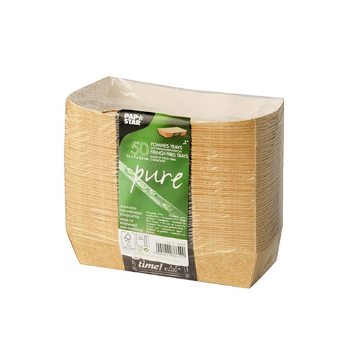 Een stapel van 50 PAPSTAR „pure“ Good Food frietschalen (3,5 x 7 cm) van PAPSTAR GmbH is in folie gewikkeld en voorzien van een etiket waarop merk, productdetails, afmetingen en milieusymbolen te zien zijn.