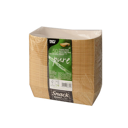Een verzegelde verpakking met 50 rechthoekige bruine frietschalen „pure“ „Good Food“ van PAPSTAR GmbH, 3,5 x 7 cm, met milieulabel en productinformatie.