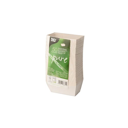 Een verpakking met 50 witte PAPSTAR "pure" sausbakjes (3,5x3 cm), ideaal voor snacks, van milieuvriendelijk karton, in krimpfolie van PAPSTAR GmbH - perfect voor gebruik in de horeca.