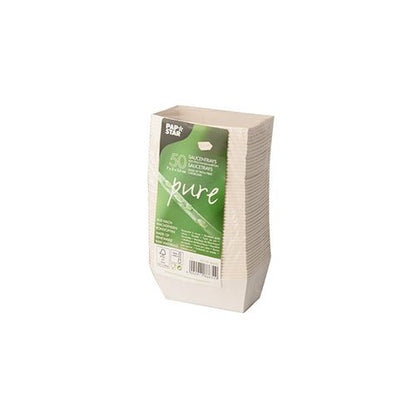 Een verpakking met 50 witte PAPSTAR "pure" sausbakjes (3,5x3 cm), ideaal voor snacks, van milieuvriendelijk karton, in krimpfolie van PAPSTAR GmbH - perfect voor gebruik in de horeca.
