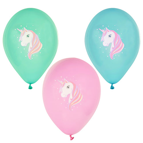 PAPSTAR 6 ballonnen in verschillende kleuren Ø 29 cm van PAPSTAR GmbH: Bevat groene, blauwe en roze ballonnen, elk met een witte eenhoorn met een pastelkleurige regenboogmanen en witte sterren rond het hoofd.