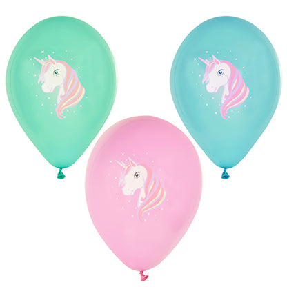 PAPSTAR 6 ballonnen in verschillende kleuren Ø 29 cm van PAPSTAR GmbH: Bevat groene, blauwe en roze ballonnen, elk met een witte eenhoorn met een pastelkleurige regenboogmanen en witte sterren rond het hoofd.