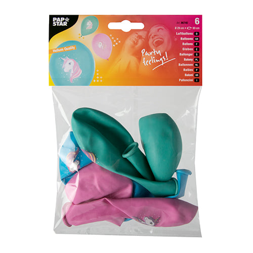Een transparante kunststofverpakking met zes kleurrijke ballonnen (Ø 29 cm) van PAPSTAR GmbH met een eenhoornprint. Het bovenste etiket toont „PAPSTAR“ evenals afbeeldingen van ballonnen en lachende mensen. Verkrijgbaar in blauw, groen en roze.