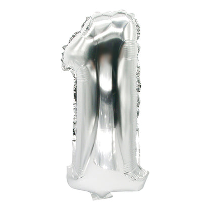 De PAPSTAR folieballon (35 x 20 cm) in zilver van de PAPSTAR GmbH, gevormd als cijfer één en gefotografeerd tegen een witte achtergrond – ideaal als elegante decoratie voor elke speciale gelegenheid.