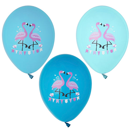De set van PAPSTAR GmbH omvat 6 ballonnen in verschillende kleuren (Ø 29 cm) met telkens twee roze flamingo's met harten, bloemen en een vlaggenlijn.