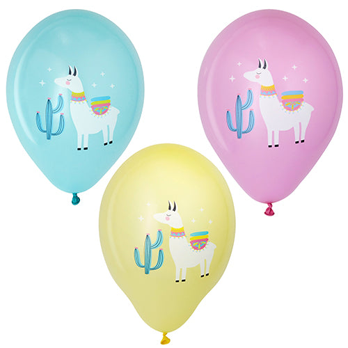 PAPSTAR 6 ballonnen in verschillende kleuren Ø 29 cm van de PAPSTAR GmbH: gesorteerde blauwe, gele en roze ballonnen met een witte lama in een kleurrijk deken naast een cactus, omgeven door sterren.