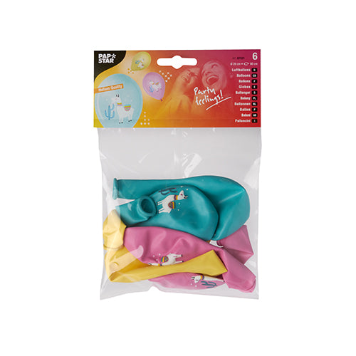 Een verpakking met zes transparante ballonnen van PAPSTAR GmbH (29 cm) in geel, roze en blauwgroen, elk met een lama-print. Het bovenste etiket is rood-oranje en draagt het opschrift „PAPSTAR“ en „Party Feeling!“. Product: PAPSTAR 6 ballonnen in verschillende kleuren.