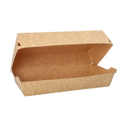 De PAPSTAR baguetteboxen "pure" van ongebleekt kraftpapier zijn bruin, rechthoekig (7,5x10,7x22 cm) en tonen open hun lege binnenkant. De dozen van PAPSTAR GmbH komen in een verpakking van 25 stuks - 100% Fair | Folie.