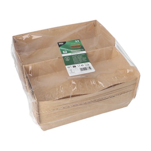 Een stapel bruine PAPSTAR baguetteboxen "pure" (7,5 x 10,7 x 22 cm) van PAPSTAR GmbH is verpakt in helder plastic; het bovenste etiket voor 25 schalen toont een groen-witte branding, recycling-symbolen en de milieuvriendelijke boodschap "100% Fair | Folie".