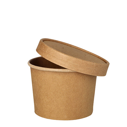 Een bruine, ronde PAPSTAR soepbeker (9,8 cm) voor soepen en snacks staat leeg met het bijpassende deksel schuin omhoog op een witte achtergrond. Verpakking van 25 stuks van PAPSTAR GmbH.