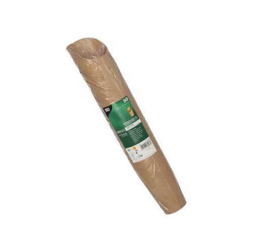 Op een witte achtergrond is een schuin liggende rol van bruine PAPSTAR 50 Wrap Cups (bruin karton) afgebeeld, die in doorzichtige folie zijn gewikkeld en een groen-wit etiket van de PAPSTAR GmbH dragen.