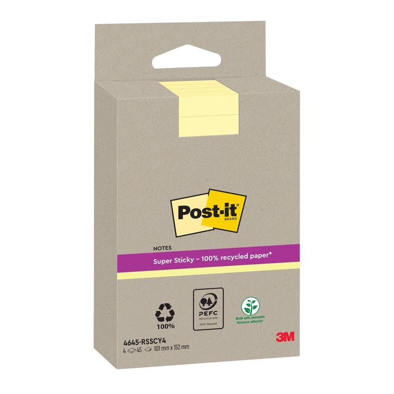 Een gele verpakking Post-it® Super Sticky 100% Recycling Notes (102 mm x 152 mm, gelinieerd, 45 vellen/blok, 4 blokken/verpakking) van 3M Deutschland GmbH is afgebeeld met het Post-it logo en milieucertificeringen zoals PEFC.