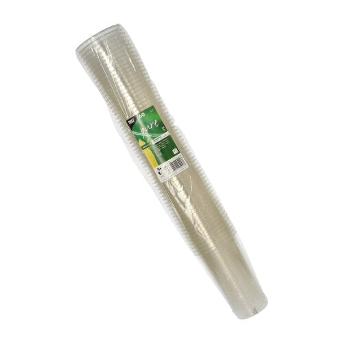 Een 60-pack PAPSTAR koude drankbekers PLA "pure", glashelder (Ø 9,5 cm, 15,14 cm), van PAPSTAR GmbH, biologisch afbreekbaar, gestapeld en verpakt in transparante folie met groen-wit label.