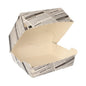 De PAPSTAR burgerboxen "Newsprint" groot (7,8x11x11,5 cm, karton), van PAPSTAR GmbH, worden geopend en leeg afgebeeld met hun krantenpapierontwerp op een witte achtergrond. De verpakking bevat 50 stuks in krimpfolie.
