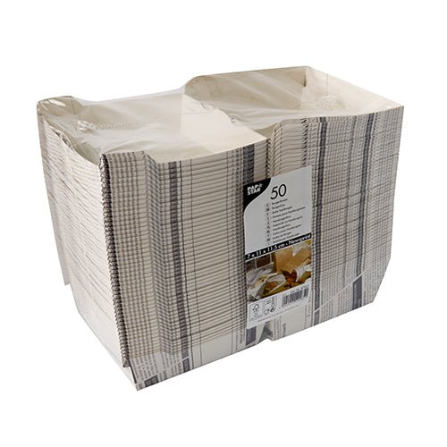 Een verzegelde verpakking met 50 PAPSTAR burgerboxen "Newsprint" groot (7,8x11x11,5 cm) van PAPSTAR GmbH, van stevig karton, met gestreept krantenpapiermotief en productlabel, geseald in gedeeltelijk transparante krimpfolie.