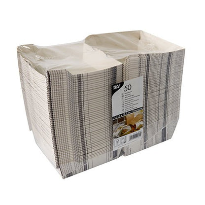 Een verzegelde verpakking met 50 PAPSTAR burgerboxen "Newsprint" groot (7,8x11x11,5 cm) van PAPSTAR GmbH, van stevig karton, met gestreept krantenpapiermotief en productlabel, geseald in gedeeltelijk transparante krimpfolie.