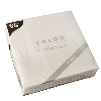 Een verzegelde verpakking met 30 witte 2-laags servetten „PUNTO“ (38x38 cm, 1/4 vouw) van PAPSTAR GmbH met subtiel stippenpatroon – ideaal voor de elegante tafeldecoratie.