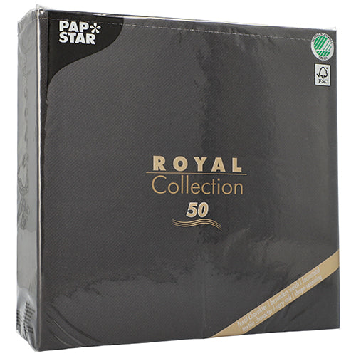Een zwart pakket van de PAPSTAR GmbH met het opschrift „ROYAL Collection 50“ (48 x 48 cm, 1/4-vouw) toont gouden en witte tekst, een groen recyclingsymbool in de rechterbovenhoek en bevat 50 hoogwaardige servetten.