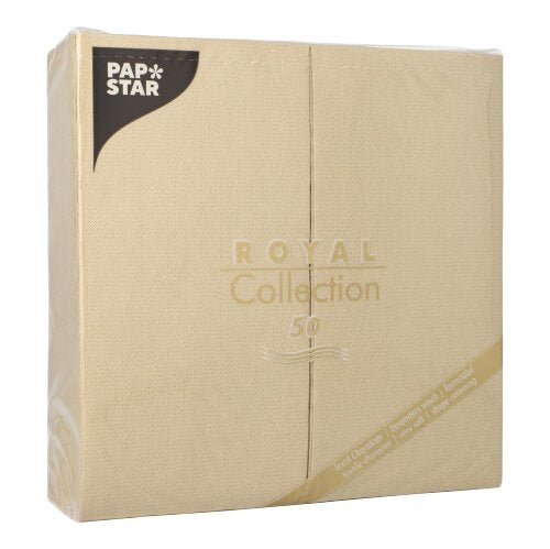 Een beige verpakking met 50 servetten „ROYAL Collection“ 1/8-vouw 40 x 40 cm van de PAPSTAR GmbH beschikt over een overwegend eenvoudige verpakking met subtiele tekst en een zwart etiket linksboven – ideaal voor een elegante tafeldecoratie.