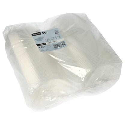 Een verzegelde kunststofverpakking met 50 Starpak-verpakkingsbekers met scharnierdeksels, PP, transparant, 8-hoekig, elke beker voorzien van hoeveelheids- en productinformatie.