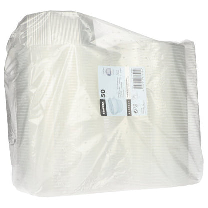 Een doorzichtige kunststofverpakking met 50 Starpak-verpakkingsbekers met scharnierdeksels, 8-zijdige transparante PP-bekers, heeft een rechthoekig wit etiket met productinformatie en een streepjescode.