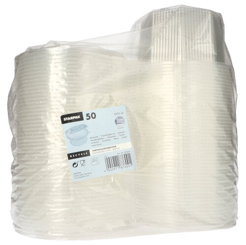 De Starpak 50 verpakkingsbekers met scharnierdeksels zijn transparante, 8-hoekige wegwerpbekers van PP, verpakt in een doorzichtige kunststofcontainer met een etiket met gedetailleerde productinformatie, hoeveelheidsgegevens en recyclinginformatie.