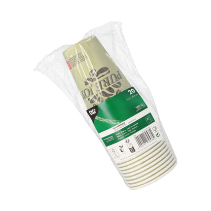 Een in kunststof verpakte 20-pack PAPSTAR kartonnen drinkbekers groen "Pure Joy" (Ø 8 cm, 11,7 cm hoog) van de PAPSTAR GmbH, gestapeld met een groen-wit etiket met productinformatie, recyclingsymbolen en een barcode.