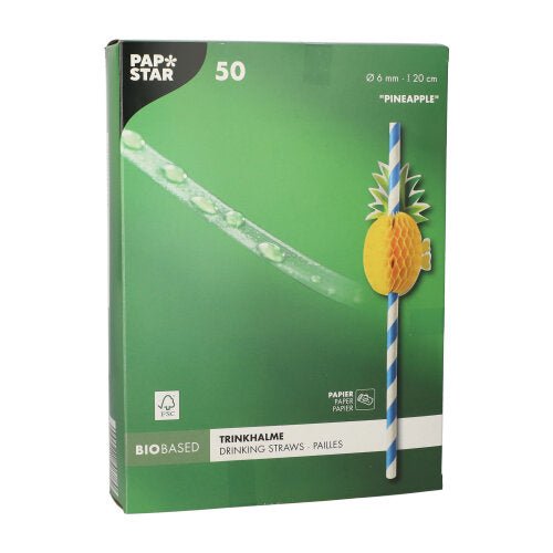 Een groene doos met 50 papieren rietjes (20 cm x Ø 6 mm) van PAPSTAR GmbH met gestreepte rietjes en een gele papieren ananas bevat 50 biologisch afbreekbare, milieuvriendelijke rietjes.