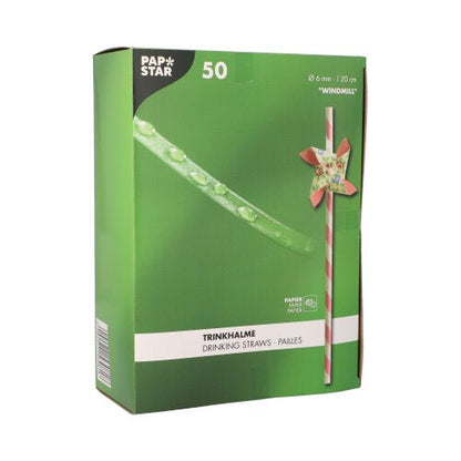 Een groene doos PAPSTAR 50 rietjes (papier Ø 6 mm · 20 cm) van PAPSTAR GmbH met het opschrift 'WINDMILL' toont een gestreept rietje met een windmolentje en meertalige tekst.