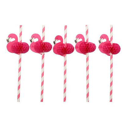 Vijf roze-witte PAPSTAR 50 rietjes, papier Ø 6 mm · 20 cm van PAPSTAR GmbH met roze flamingo-decor, in een rij gerangschikt. Deze milieuvriendelijke papieren rietjes zijn biologisch afbreekbaar.