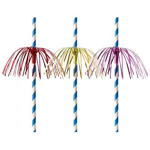 Drie PAPSTAR papieren rietjes (Ø 6 mm, 20 cm) met blauw-witte strepen en metallic franjes in rood, geel en paars van PAPSTAR GmbH – biologisch afbreekbaar voor duurzame kwaliteit.