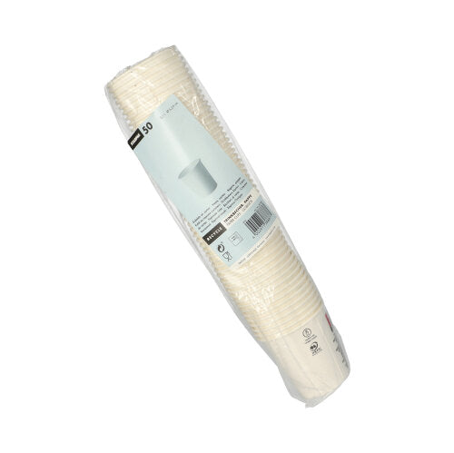 Een krimpfolie met 50 witte Starpak drinkbekers voor koude dranken van karton (0,1 l, Ø 6,25 cm, 6,3 cm), voorzien van productdetails - ideaal voor feestjes en evenementen tegen een eenvoudige witte achtergrond.