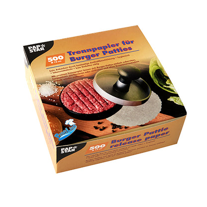 PAPSTAR Scheidingspapier voor burgerpatty's, Ø 13 cm, wit (500 stuks) in vouwdoos van PAPSTAR GmbH - ideaal voor het eenvoudig scheiden van burgerpatty's.