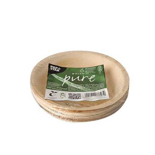 Ein Stapel PAPSTAR 6 Schalen, Palmblatt "pure" rund 200 ml Ø 13 cm · 3 cm von der PAPSTAR GmbH, hergestellt aus umweltfreundlichem, biologisch abbaubarem Palmblatt, verpackt in Schrumpffolie mit grün-weißem Öko-Label (6 Stück).
