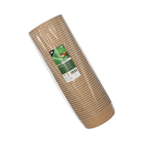 Een verzegelde plastic verpakking bevat een stapel bruine ronde PAPSTAR 50 saladekommen van karton met PLA-coating. De kommen zijn biologisch afbreekbaar en dragen vooraan een groen-wit etiket van PAPSTAR GmbH.