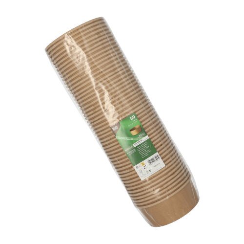 Een verzegelde kunststofverpakking met 50 ronde bruine PAPSTAR-saladeschalen van papier met PLA-coating en milieuvriendelijke, biologisch afbreekbare materialen van PAPSTAR GmbH, met een groen-wit etiket.