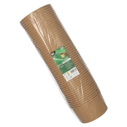 Een kunststofverpakte stapel met 50 PAPSTAR saladekommen, rond en bruin, van biologisch afbreekbaar karton met optionele PLA-coating voor meer duurzaamheid, van de PAPSTAR GmbH.
