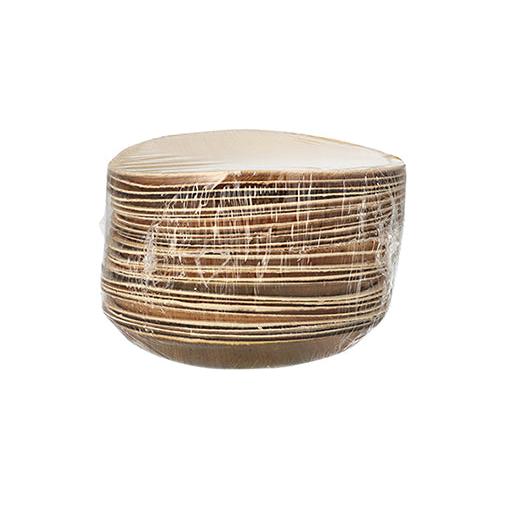Een karton met 25 PAPSTAR borden van palmblad "pure", rond (Ø 18,5 cm), duurzaam en biologisch afbreekbaar, van PAPSTAR GmbH is afgebeeld in transparante verpakking voor een witte achtergrond.
