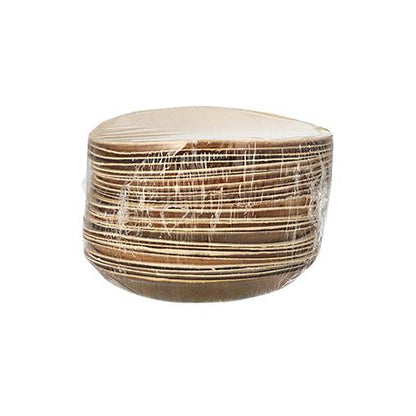 Een karton met 25 PAPSTAR borden van palmblad "pure", rond (Ø 18,5 cm), duurzaam en biologisch afbreekbaar, van PAPSTAR GmbH is afgebeeld in transparante verpakking voor een witte achtergrond.