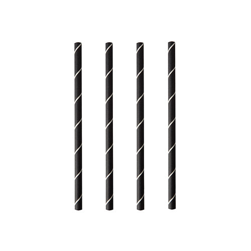 Vier PAPSTAR cocktailrietjes 7 mm, zwart/wit "Stripes" (folie, 15 cm), van het merk PAPSTAR GmbH, zijn verticaal en gelijkmatig op een witte achtergrond gerangschikt.