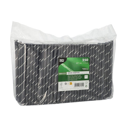 Een doorzichtige kunststofverpakking bevat 250 PAPSTAR cocktailrietjes 7 mm, zwart/wit "Stripes", 15 cm. Het etiket van de PAPSTAR GmbH toont productinformatie en milieuvriendelijke symbolen.