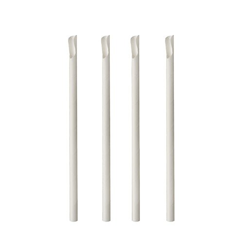 Vier witte PAPSTAR rietjes met lepelopzetstuk van papier (20 cm, Ø 8 mm, 100 stuks) staan rechtop in een rij voor een witte achtergrond; elk rietje heeft een schuine snede aan de punt.