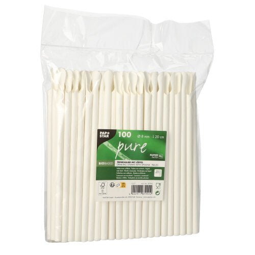 Een doorzichtige kunststofverpakking bevat 100 PAPSTAR GmbH "pure" rietjes van papier met lepel, elk wit, 20 cm lang en 8 mm in diameter. Het etiket aan de voorkant toont de productnaam, de hoeveelheid, de specificaties en de branding van de PAPSTAR GmbH.