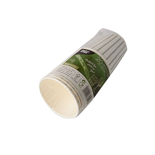 Een stapel van 20 drinkbekers, karton 0,2 l Ø 8 cm van de PAPSTAR GmbH is in plastic gewikkeld en draagt een groen etiket met productinformatie en milieusymbolen op een witte achtergrond.