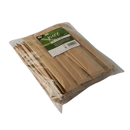 Een doorzichtige kunststofverpakking bevat 50 PAPSTAR houten messen "pure" (16,5 cm), die individueel in papier zijn gewikkeld. Het etiket van PAPSTAR GmbH toont het merk, de hoeveelheid en de productinformatie.