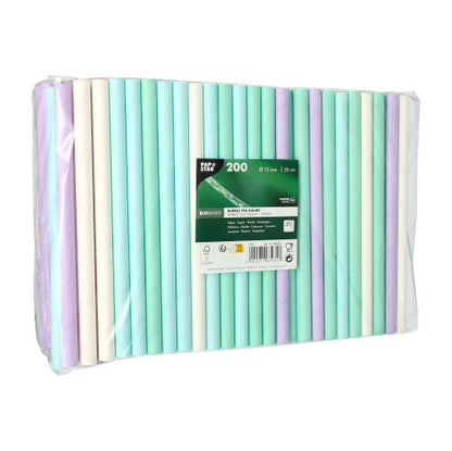 Een heldere kunststofverpakking van de PAPSTAR GmbH bevat 200 PAPSTAR Bubble Tea rietjes van papier (Ø 12 mm, 20 cm), kleurrijk gesorteerd. Het etiket toont milieuvriendelijke iconen - ideaal voor Bubble Tea fans.