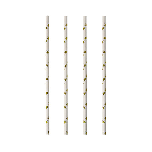 Vier PAPSTAR papieren rietjes (zwart/wit 'Stripes', Ø 6 mm, 20 cm) zijn verticaal en gelijkmatig op een witte achtergrond gerangschikt. De milieuvriendelijke rietjes van PAPSTAR GmbH zijn biologisch afbreekbaar.