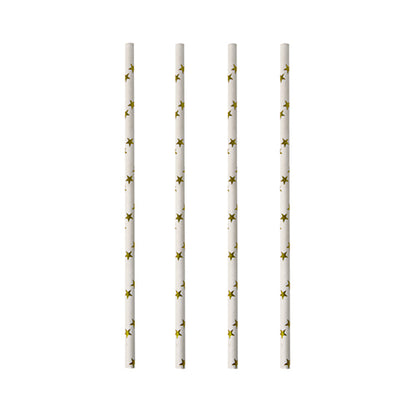 Vier PAPSTAR papieren rietjes (zwart/wit 'Stripes', Ø 6 mm, 20 cm) zijn verticaal en gelijkmatig op een witte achtergrond gerangschikt. De milieuvriendelijke rietjes van PAPSTAR GmbH zijn biologisch afbreekbaar.