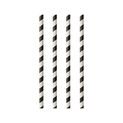 Vier PAPSTAR GmbH papieren rietjes, uit de set '25 Rietjes, Ø 6 mm · 20 cm zwart/wit strepen', zijn verticaal en gelijkmatig gerangschikt op een witte achtergrond met een streepjespatroon.