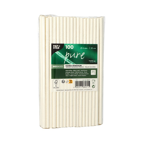 Een transparante verpakking van de PAPSTAR GmbH bevat 100 'pure' papieren rietjes (Ø 6 mm, 20 cm), rechtop gepresenteerd met een groen etiket met de aanduiding 'biobased'. Deze rietjes zijn strak verpakt en vormen een milieuvriendelijk alternatief.